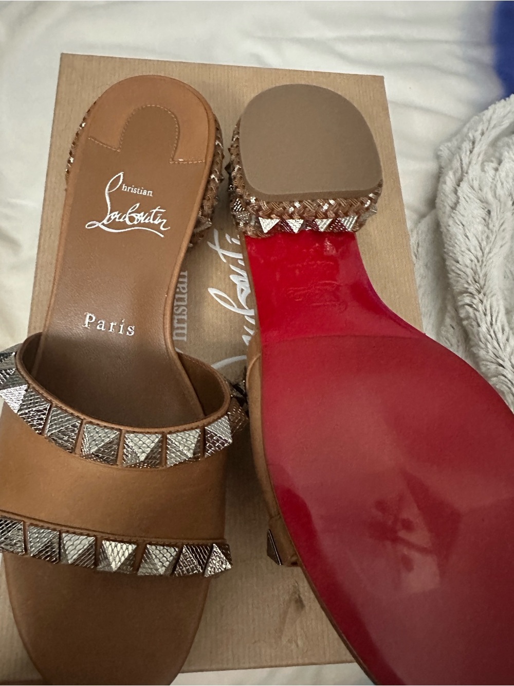 Christian Louboutin Tan Studded Slide Sandals with Signature Red Sole- size 38 - Picture 1 of 7